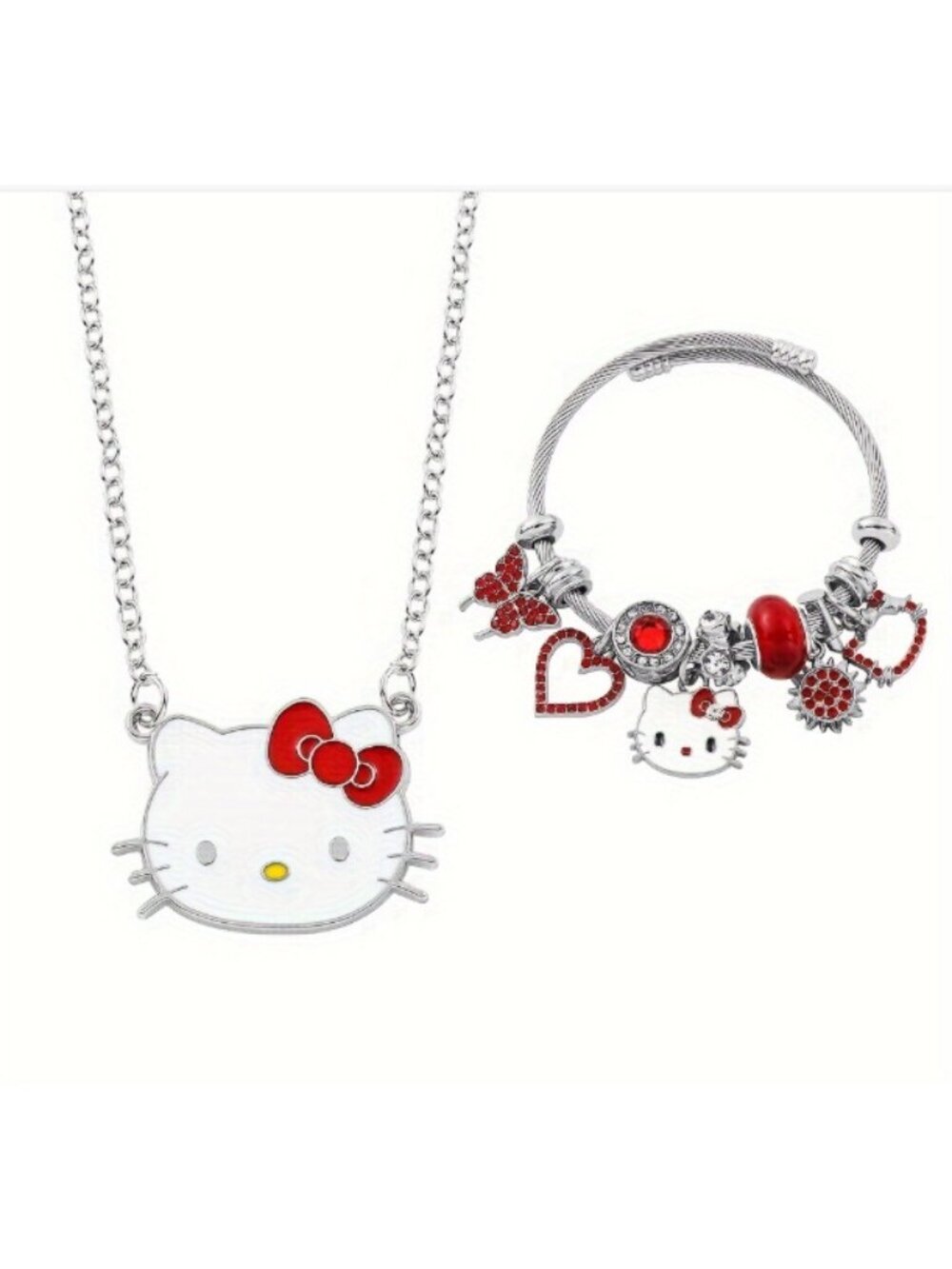 Hello Kitty Jewelry Set Red Bow Silver Tone Charm Bracelet Necklace